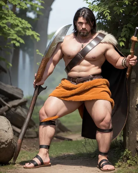 Youth with short black hair and brown eyes, fair skin and clean-shaven, dressed in short orange medieval barbarian fur tunic and trousers, weilding giant axe, sandals; fullbody; short hair, masculine, athletic