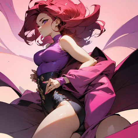 Chica de pelo rojo cubriendo sus ojos con su pelo, with very large breasts and a small waist and large medium thighs with a purple shirt and a pink jacket with a low-cut chest, y una falda de color rosa, y unos tacones negros