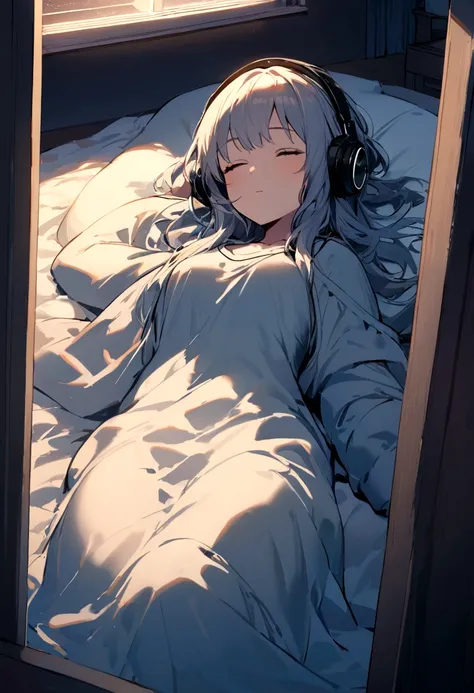 girl, Lying and sleeping, Wearing a large sweater, Wearing headphones, Cover your feet with a blanket, praise, Calm, Calm atmosphere, Looking out the window in her room, nice, night, quiet night, masterpiece, highest quality