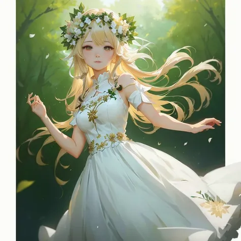 anime girl in a white dress with a flower crown on her head, loli in dress, cute anime waifu in a nice dress, guweiz on pixiv artstation, digital art on pixiv, beautiful anime portrait, beautiful anime girl, guweiz on artstation pixiv, goddess of nature, b...