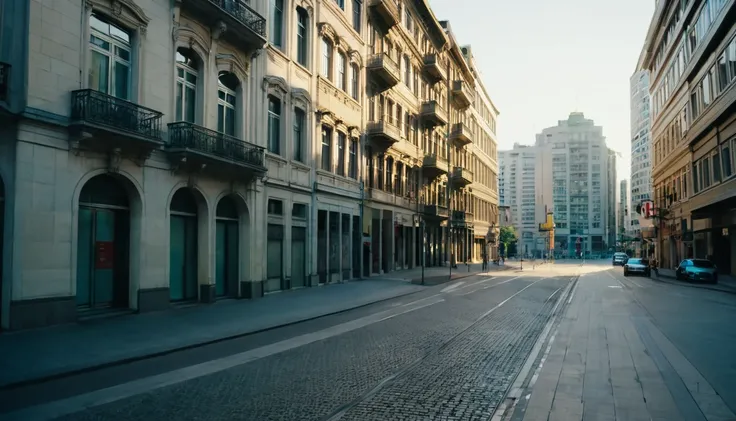 first person view, inside a city, several buildings, late afternoon, no people on the streets