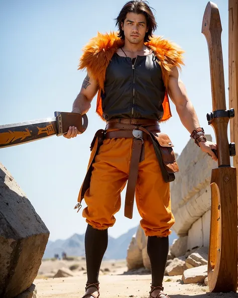 Youth with short black hair and brown eyes, fair skin and clean-shaven, dressed in short orange medieval barbarian fur tunic and trousers, weilding giant axe, sandals; fullbody; short hair, masculine, athletic