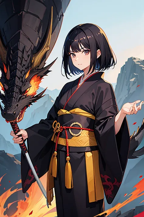 Black haired woman, Kimono, Holding katana, Dragon in background 