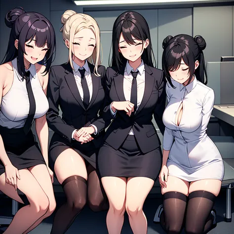 three sexy women in office outfits, flirtatious smiles, kneeling, closed eyes, opened mouths yawning, black bun tied hair