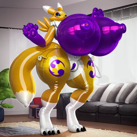 , best quality, 4k, high-res, ultra-detailed,renamon, anthro, female, , inflating, living room, living inflatable, breast expansion, hip expansion, thigh expansion, puffed hands, tail nozzle,huge pussy,huge nipple, puffed nipple,