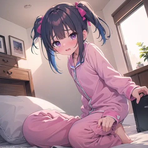 masterpiece, best quality, absurdres, ultra detailed, 8K, a girl, medium hair, twintail, brown hair, purple eyes,pink pajamas, front view, cowboy shot, from below, fear, embarrassed, looking at viewer, with tears in eyes, wariza,blue hair ribbons,on bed,in...