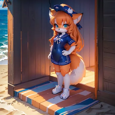 Cartoon characters standing at the door of beach hut，The background is the ocean, Female furry mini cute style, At the beach上, Fox Girl, , high resolution committee, At the beach, Cute anime catwoman, Official Art, Kitagawa Marin Fan Art, Short full-body p...