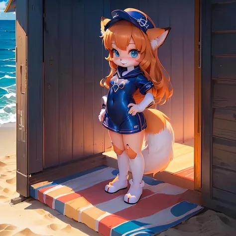 Cartoon characters standing at the door of beach hut，The background is the ocean, Female furry mini cute style, At the beach上, Fox Girl, , high resolution committee, At the beach, Cute anime catwoman, Official Art, Kitagawa Marin Fan Art, Short full-body p...