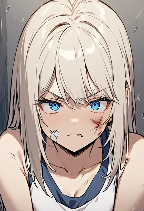 girl with light skin and long platinum blonde hair, with blue eyes, angry and with a wound on her cheek, wearing a tank top 