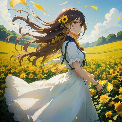 anime girl in a field of yellow flowers with long hair, beautiful sunflower anime girl, makoto shinkai. digital render, makoto shinkai art style, beautiful anime, standing in a flower field, girl in a flower field, official art, beautiful anime girl, girl ...