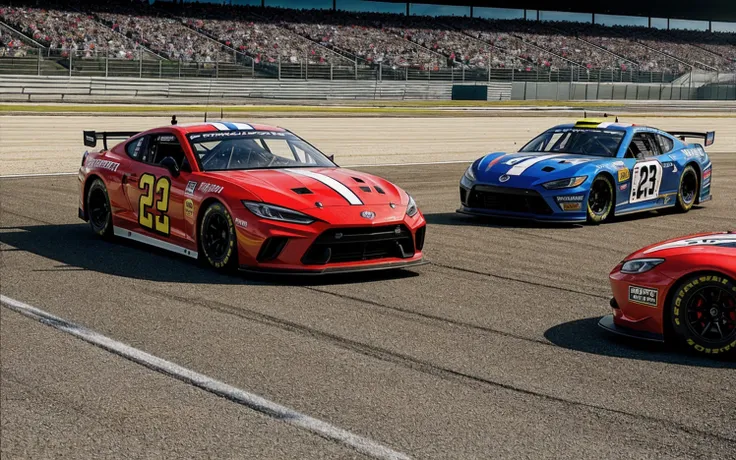 realistic photograph of a sports car race on a Nascar-like racetrack, the cars have different colors in vibrant tones with lines and team markings. highly detailed landscape photography.