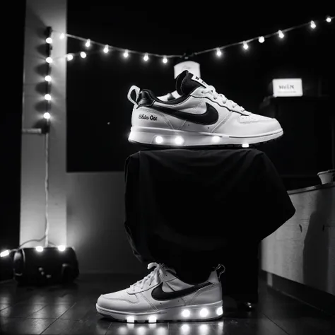 Make a banner of a white mens shoe (just the shoe) with a background of black and white lights.