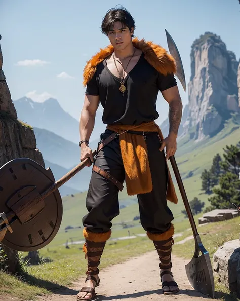 Youth with short black hair and brown eyes, fair skin and clean-shaven, dressed in short orange medieval barbarian fur tunic and trousers, weilding giant axe, sandals; fullbody; short hair, masculine, athletic