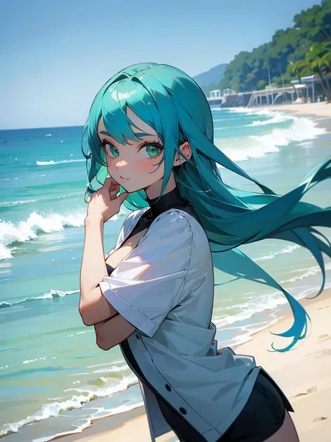 Hot girl, blue hair, green eyes, in the beach