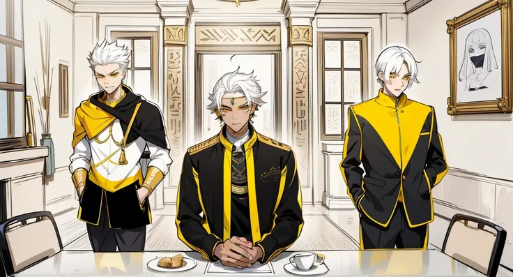 There are 5 Egyptian gods, one of them is intimidating. They have a youthful appearance of 17 years old, white hair, big yellow eyes, they have golden jewelry, black and yellow clothes.