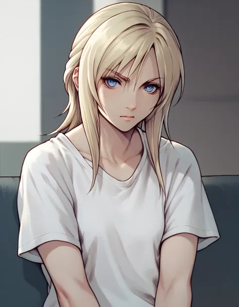 aya brea, blue eyes, blonde hair, white shirt, t-shirt,