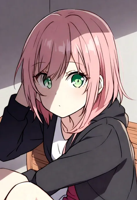 1girl, black hoodie, sakura,green eyes,pink hair, sitting on bench , looking at viewer,cool pose