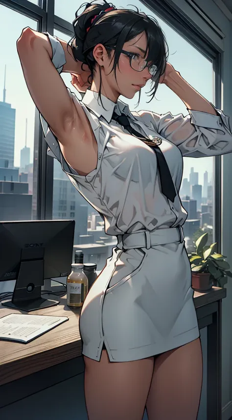 A beautiful female college student,  screen in front of window,  Overlooking the city projected on the screen, cafe,  window behind white desk, city view, overlooking the cityscape, notebook, Holding a pen in one hand, glasses, black hair, midsummer lounge...