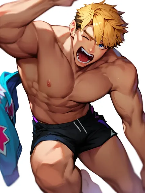 score_9, score_8_up, score_7_up, score_6_up, boy, blonde hair, bangs, one eye closed, yawning, shirtless, black shorts, cool, front, muscular, looking at viewer, simple white background, dynamic pose, concept art, RinotunaYei, 