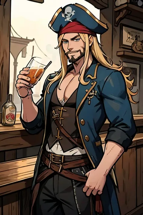 A muscular blonde haired male pirate with blue eyes and long hair and a dark beard in a pirates outfit is  drinking at a bar in a pirate city with a smile