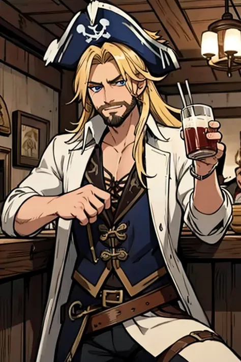 a muscular blonde haired male pirate with blue eyes and long hair and a dark beard in a pirate's outfit is drinking at a bar in ...