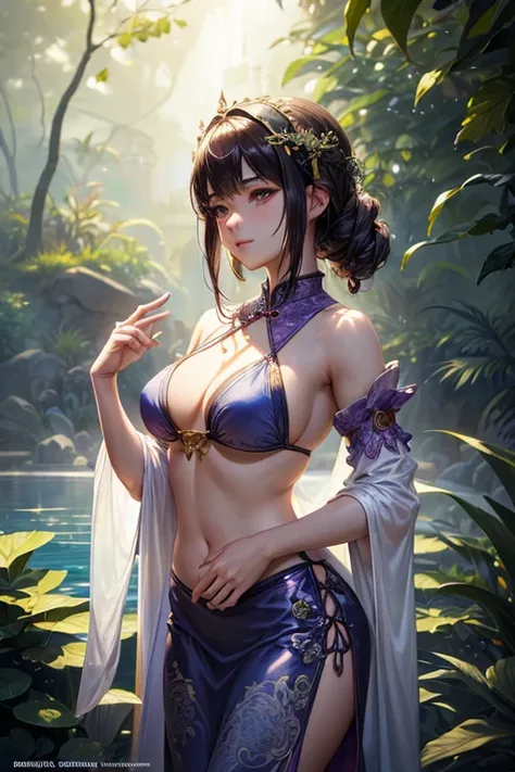 suave_luz, (((suave luzing, Masterpiece Portrait of Asian Gothic Beauty Wearing Cheongsam|bikini))) Standing in a small cozy pool in the garden of an old Alhambra building., Inspirado en Persia, almohadas de colores, y alfombras, by Greg Rutkowski dynamic ...