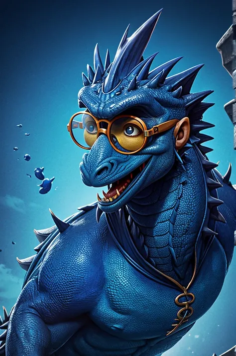 A deformed really ugly blue dragon with really ugly glasses