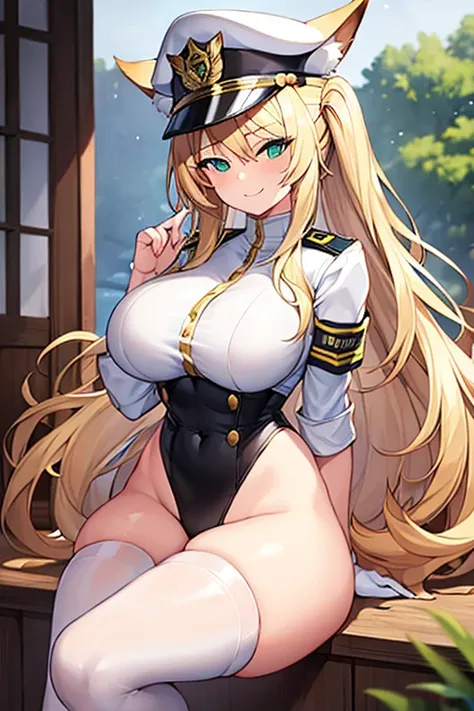 1girl, blonde hair, long hair, large breasts, thick thighs, wide hips, green eyes, smile, smirk, smug, leotard, white leotard, police uniform, white clothes, bare legs, policewoman, police hat, fox ears, fox tail, mature female, toned, hourglass figure