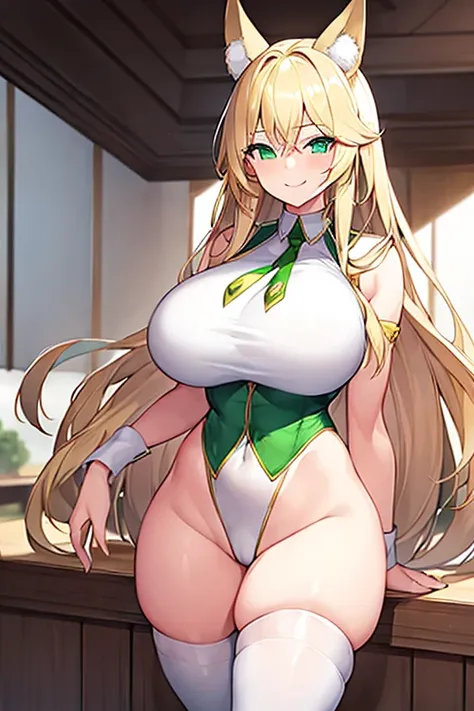 1girl, blonde hair, long hair, huge breasts, thick thighs, wide hips, green eyes, smile, smirk, smug, leotard, white leotard, police uniform, white clothes, bare legs, policewoman, police hat, fox ears, fox tail, mature female, toned, hourglass figure