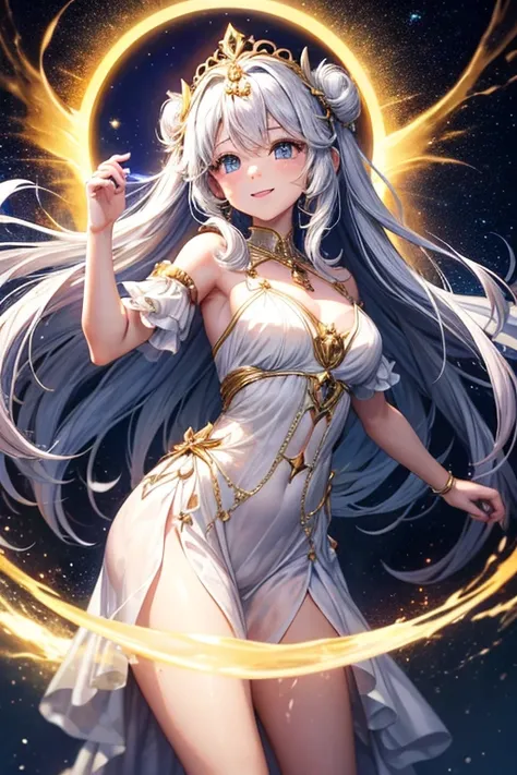 Imagine an anime girl with ethereal beauty, como si hubiera sido esculpida por los mismos artistas que pintaron las estrellas en el cielo nocturno. Su cabello fluye como una cascada de hilos dorados, capturando la luz del sol en cada hebra. Sus ojos son do...