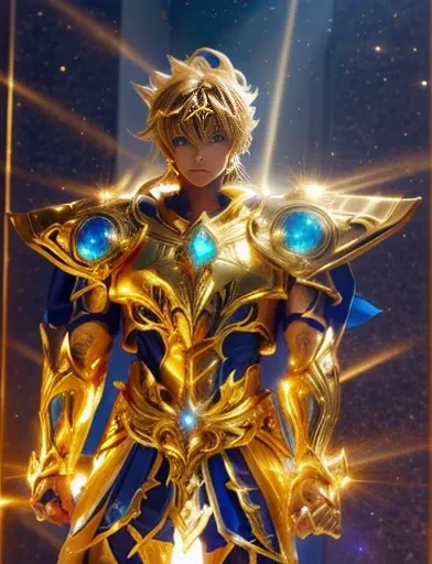 1.boy, saint seiya armor, blue and golden, beautiful light effects, vibrant colors, beautiful armor decourations, uhd, masterpie...