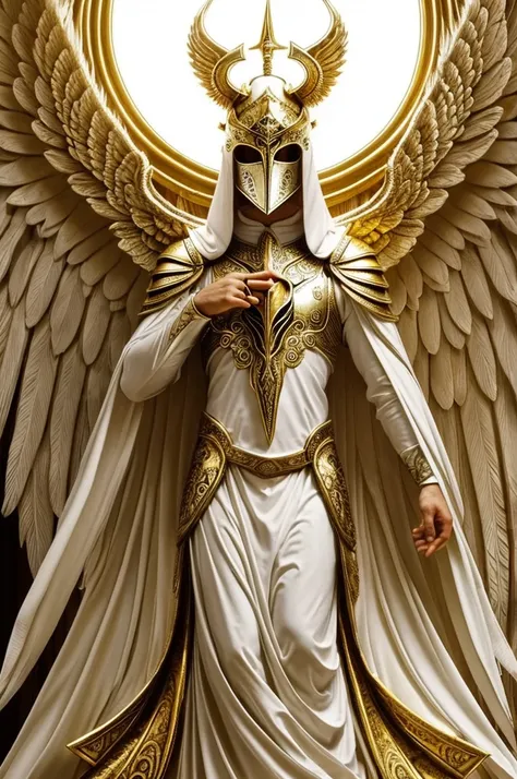 Lucifer (the most beautiful of angels) alas blancas enormes, armadura de oro, that shows wisdom, fuerza y pureza. 
May it inspire respect and beauty and Light