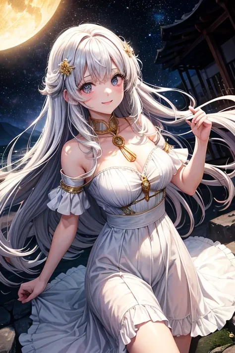 Imagine an anime girl with ethereal beauty, como si hubiera sido esculpida por los mismos artistas que pintaron las estrellas en el cielo nocturno. Su cabello fluye como una cascada de hilos dorados, capturando la luz del sol en cada hebra. Sus ojos son do...