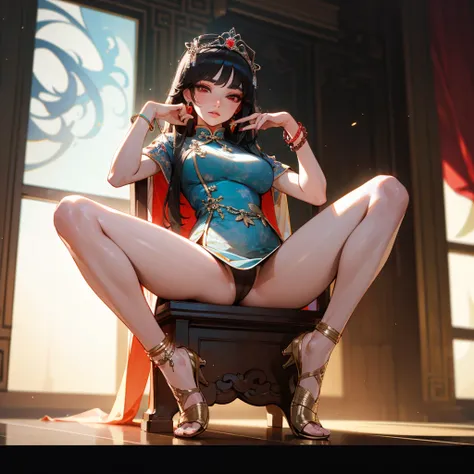 (((8K, masterpiece, best quality, ultra detailed, photorealistic, RAW photo))), HDR, lens flare, particles, chinese gorgeous royal style, A cute chinese princess on a throne in a palace, (composition close to her), (perfect anatomy), spread legs, lift up s...