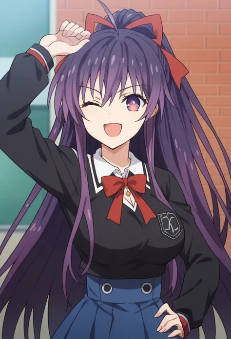 Score_9, Score_8_up, Score_7_up, anime_font, Tohka Yatogami, 1 girl, alone, long hair, purple hair, purple eyes, very long hair, ponytail, red bow, headband, perfect body, alone, breasts, looking_at_viewer, smile, open_mouth , bangs, big_breasts, shirt, lo...