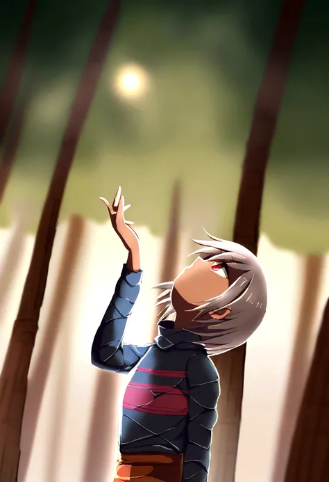 Frisk, loli, small, in a forest, looking up, with a stick in her left hand,