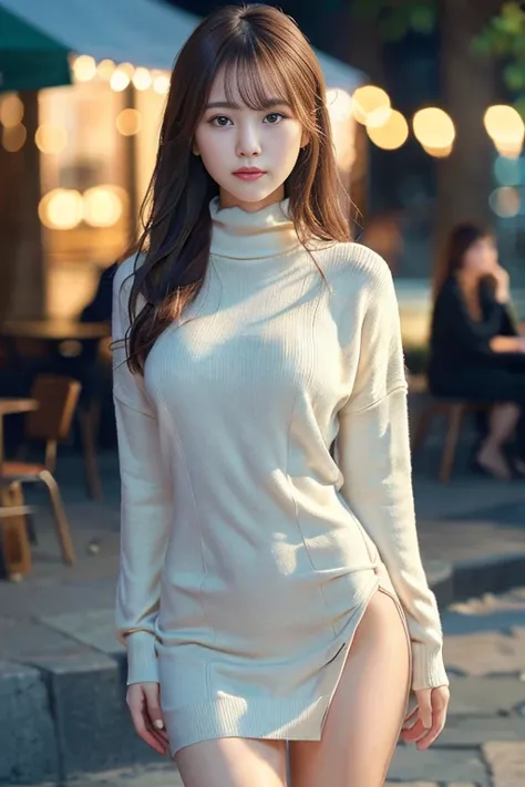 pants, naked lower body, (Wearing a thin white high-neck sweaterdress, Keep your mouth shut, thin legs, outdoors at night,((blur backgroun)), cafe, Posing for photos
BREAK 
masterpiece, (best quality:1.2), ultra highres, (photorealistic:1.4), (extremely pe...