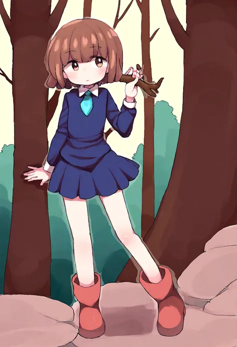 Frisk, loli, Brown hair,  In a forest, full body,  a stick in her left hand,