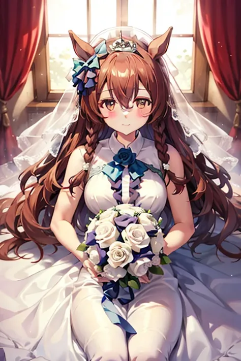 mejiro_bright_(umamusume) wearing a white wedding dress, tiara, wedding veil in front of face, wedding bouquet