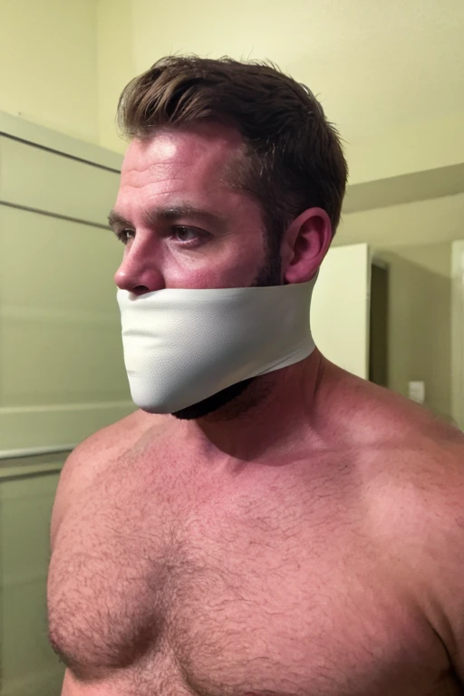 handsome middle aged man, slightly fat, half body, hairy chest, naked, short brown hair, stubble, facial hair, bearded, tape gag, tape wrapped, wrap gag, tightly bound, tape wrapped around face