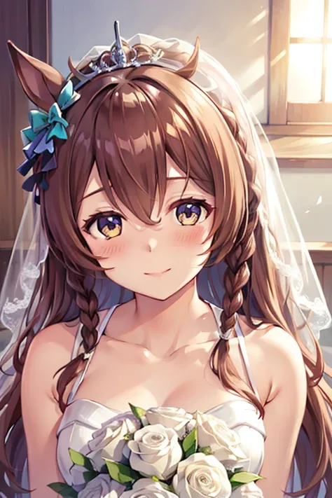 mejiro_bright_(umamusume) wearing a white wedding dress, tiara, wedding veil in front of face, wedding bouquet