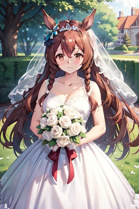 mejiro_bright_(umamusume) wearing a white wedding dress, tiara, wedding veil in front of face, wedding bouquet