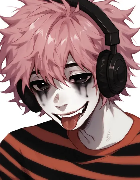 boy, shirt grunge, sketchy lines, messy hair, pink hair, headphones, black pupils, score_8_up, score_9_up,happy, sticking out tongue, has mime makeup on, wearing a mime outfit