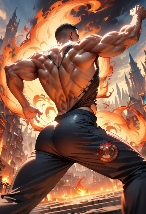 (Firefighter back:1.5),  From the back，wearing a tattered shirt, combustion,flame， Luminescence, Dynamic poses, Fighting Stance, (fantasy city background), Pants,, Practical, masterpiece, Intricate details, Detailed background, Depth of Field, Fitness back...