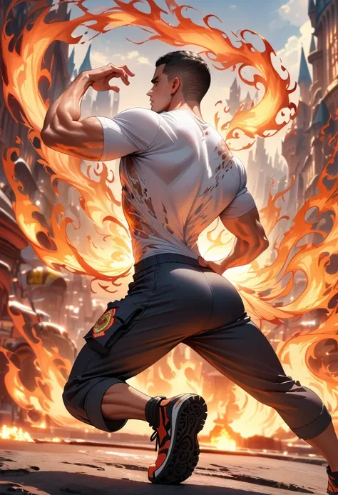 (Firefighter back:1.5),  From the back，wearing a tattered shirt, combustion,flame， Luminescence, Dynamic poses, Fighting Stance, (fantasy city background), Pants,, Practical, masterpiece, Intricate details, Detailed background, Depth of Field, Fitness back...