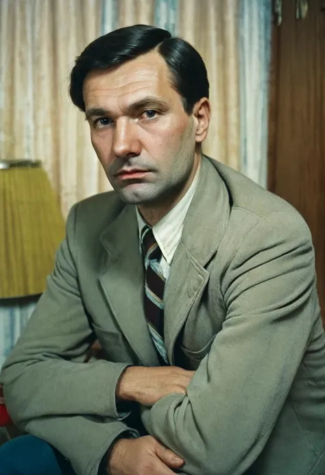 Color photo in the style of the USSR 1980, portrait. man 40 years old, fa background of a USSR apartment in the 1980s. sad