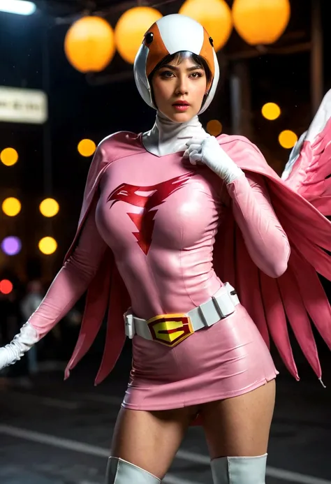 A girl in pink Gatchaman costume, long boots, long gloves,  standing, one leg up, detailed face, H3JTS, giga_busty, best quality, 4k, 8k, highres, masterpiece:1.2, ultra-detailed, realistic, photorealistic, photo-realistic:1.37, HDR, UHD, studio lighting, ...