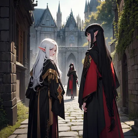 A black-haired girl with white skin, big red lips, a black cloak with golden embroidery, and an elf man with long golden hair, a black robe up to his knees, who is leaning against the castle wall and looking at the girl from behind, and the air is dark.