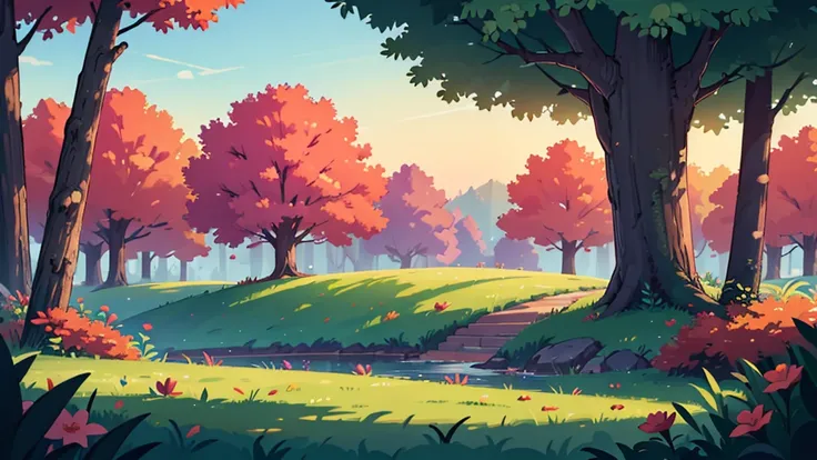 4k ultra HD, twilight sun just below the horizon landscape, very detailed, perfect lighting, a beautiful forest purple, orange, pink trees, red flowers, lush green grass, a giant massive trunk of tree in the distance