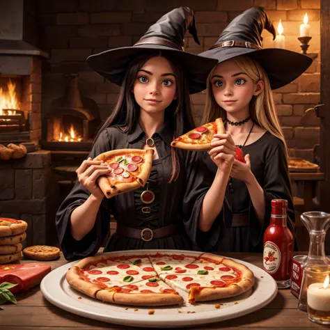 witch with pizza in both hands